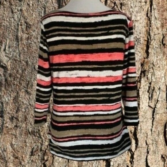 Ruby Rd quarter sleeve vneck metallic studded accents brown stripe tunic Medium - Picture 5 of 8